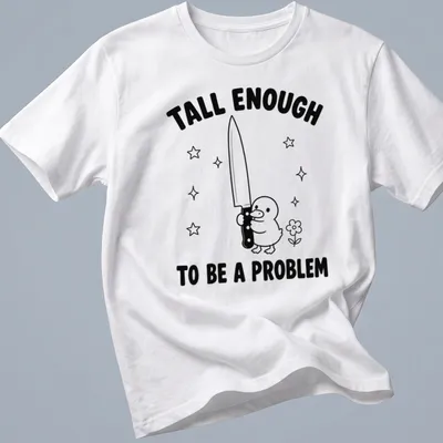 Cartoon duck holding a knife with humorous text in black and white
