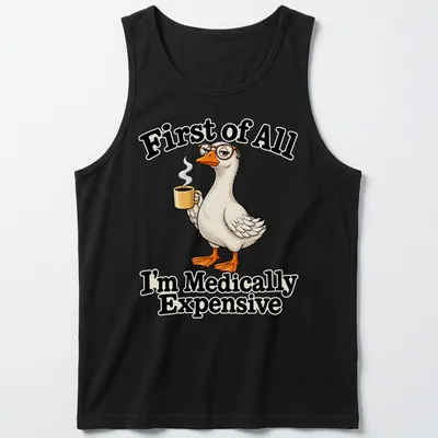 Cartoon duck with coffee and humorous text about medical expenses — printed on a tank top