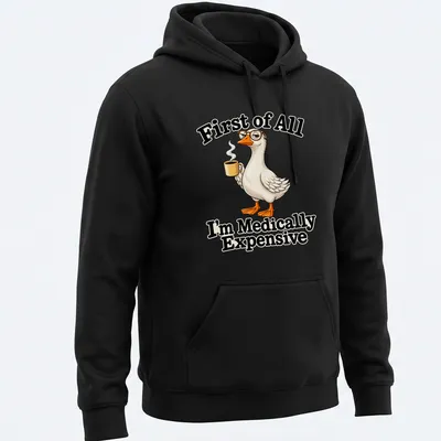 Cartoon duck with coffee and humorous text about medical expenses — printed on a unisex hoodie