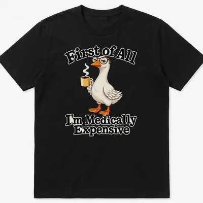 Cartoon duck with coffee and humorous text about medical expenses