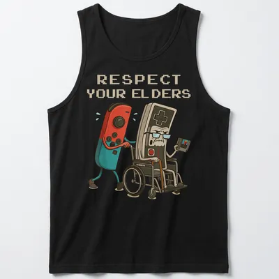 Cartoon style t-shirt featuring a gamer controller with humorous text about respecting elders — printed on a tank top