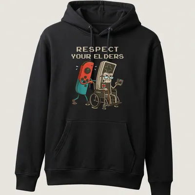 Cartoon style t-shirt featuring a gamer controller with humorous text about respecting elders — printed on a unisex hoodie