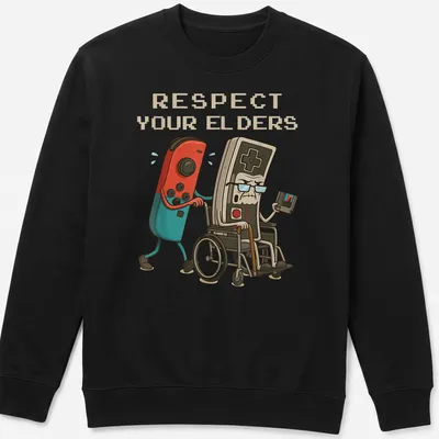 Cartoon style t-shirt featuring a gamer controller with humorous text about respecting elders — printed on a unisex sweatshirt