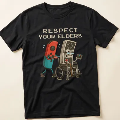 Cartoon style t-shirt featuring a gamer controller with humorous text about respecting elders