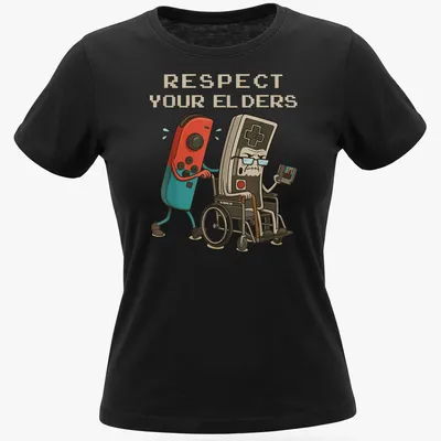 Cartoon style t-shirt featuring a gamer controller with humorous text about respecting elders — printed on a women's shirt