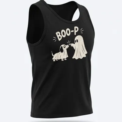Cute illustration of a dog dressed as a ghost with the text BOO-P. — printed on a tank top