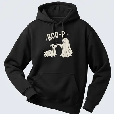 Cute illustration of a dog dressed as a ghost with the text BOO-P. — printed on a unisex hoodie