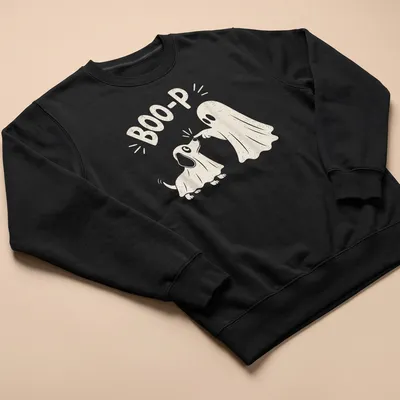 Cute illustration of a dog dressed as a ghost with the text BOO-P. — printed on a unisex sweatshirt