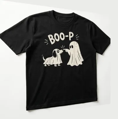 Cute illustration of a dog dressed as a ghost with the text BOO-P. — printed on a unisex t-shirt (angled view)