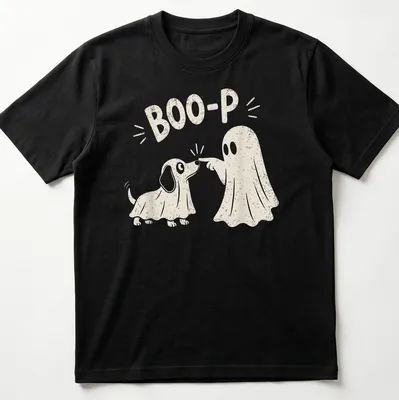 Cute illustration of a dog dressed as a ghost with the text BOO-P.