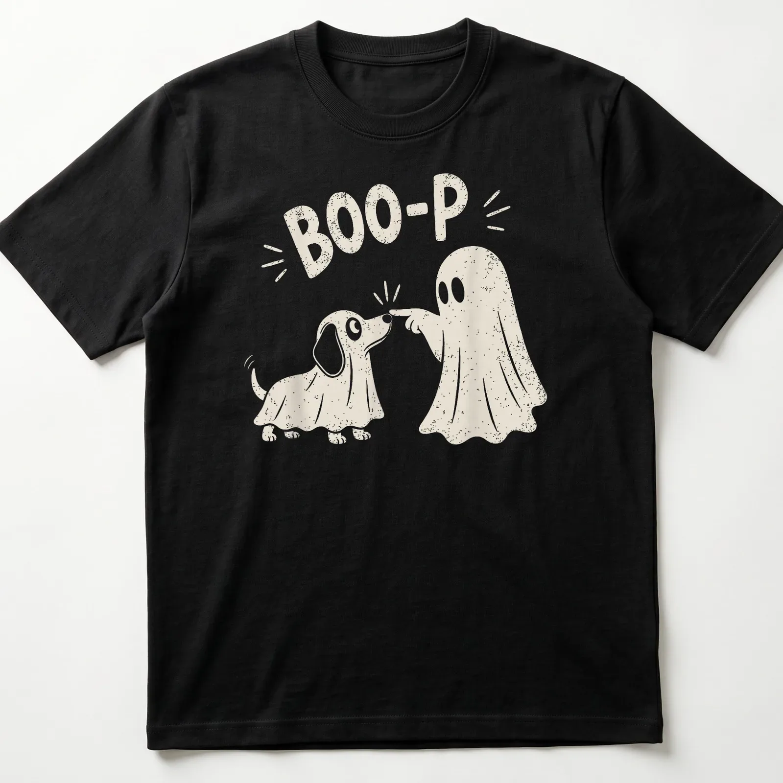 Cute illustration of a dog dressed as a ghost with the text BOO-P. — printed on a unisex t-shirt