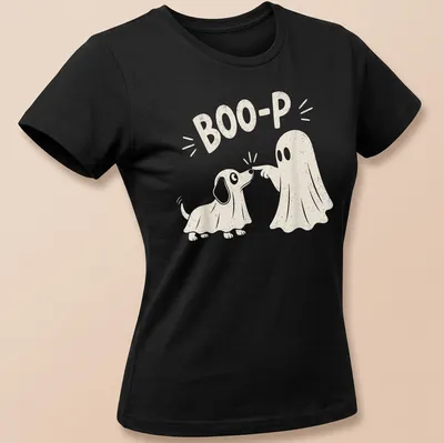 Cute illustration of a dog dressed as a ghost with the text BOO-P. — printed on a women's shirt