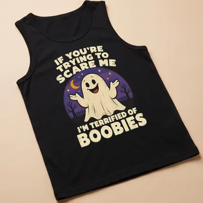 Retro tee with a funny ghost and humorous text about being scared of boobies. — printed on a tank top