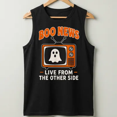 Playful cartoon ghost design with text 'Boo News Live From The Other Side' in orange and white — printed on a tank top