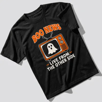 Playful cartoon ghost design with text 'Boo News Live From The Other Side' in orange and white