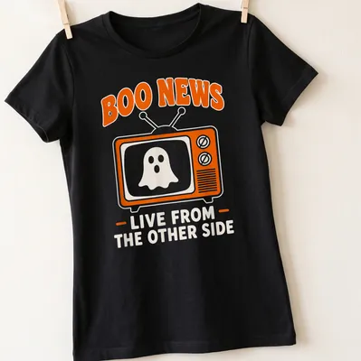 Playful cartoon ghost design with text 'Boo News Live From The Other Side' in orange and white — printed on a women's shirt