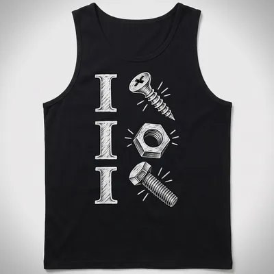 Vintage sketch t-shirt featuring mechanic tools and humorous text — printed on a tank top