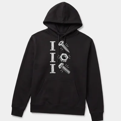 Vintage sketch t-shirt featuring mechanic tools and humorous text — printed on a unisex hoodie