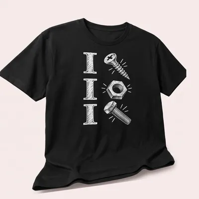 Vintage sketch t-shirt featuring mechanic tools and humorous text — printed on a unisex t-shirt (angled view)
