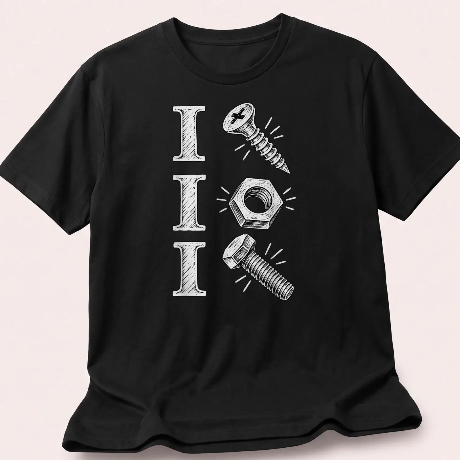 Vintage sketch t-shirt featuring mechanic tools and humorous text — printed on a unisex t-shirt