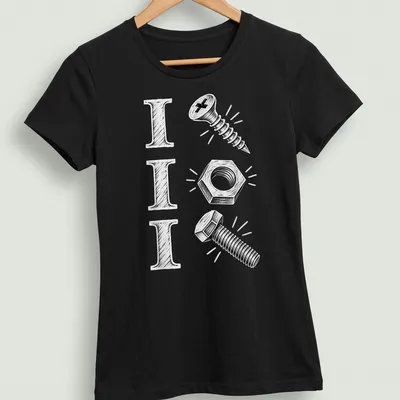 Vintage sketch t-shirt featuring mechanic tools and humorous text — printed on a women's shirt