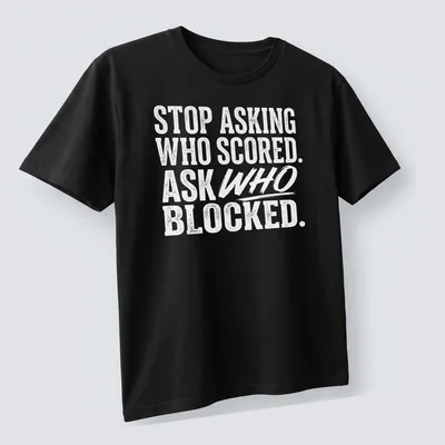 Bold vintage sports humor t-shirt with a humorous saying about blocking. — printed on a unisex t-shirt (angled view)