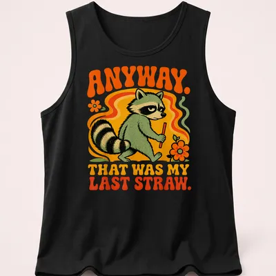 Retro cartoon raccoon holding a stick with humorous text on a — printed on a tank top