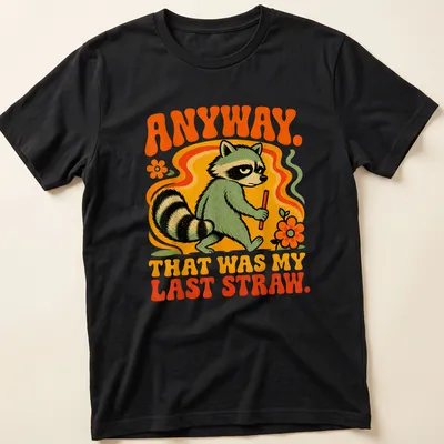 Retro cartoon raccoon holding a stick with humorous text on a t-shirt