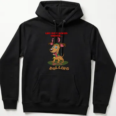 Cartoon reindeer dog with humorous text about life's smoothness in various colors — printed on a unisex hoodie