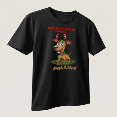 Cartoon reindeer dog with humorous text about life's smoothness in various colors — printed on a unisex t-shirt (angled view)