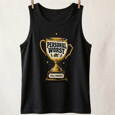 T-shirt featuring a trophy with a turtle and the phrase Personal Worst Still Finished in vintage style — printed on a tank top