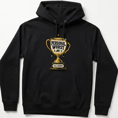 T-shirt featuring a trophy with a turtle and the phrase Personal Worst Still Finished in vintage style — printed on a unisex hoodie