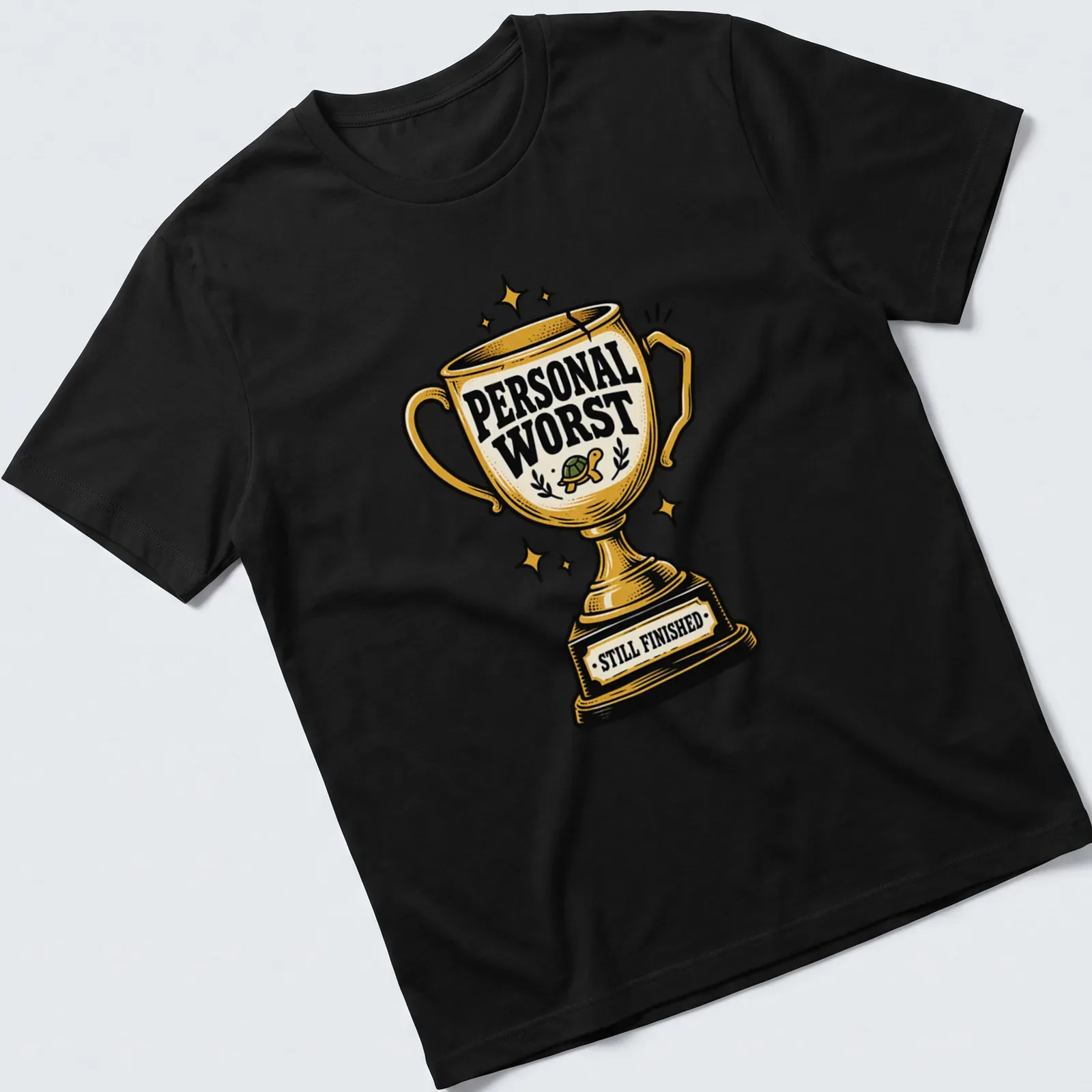 T-shirt featuring a trophy with a turtle and the phrase Personal Worst Still Finished in vintage style — printed on a unisex t-shirt