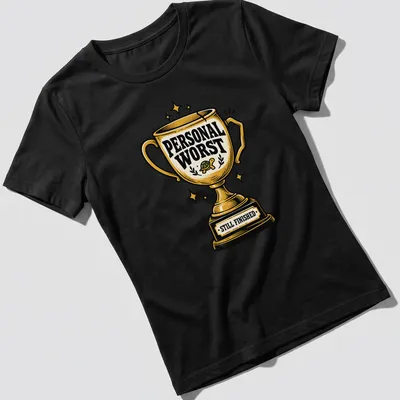T-shirt featuring a trophy with a turtle and the phrase Personal Worst Still Finished in vintage style — printed on a women's shirt