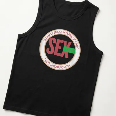 Humorous t-shirt featuring a circular badge design with sex tips — printed on a tank top