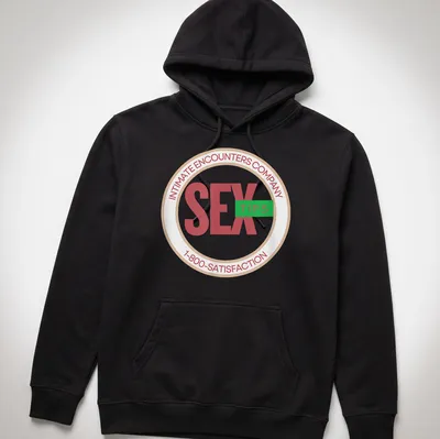 Humorous t-shirt featuring a circular badge design with sex tips — printed on a unisex hoodie