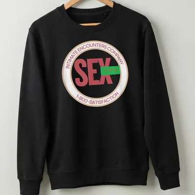 Humorous t-shirt featuring a circular badge design with sex tips — printed on a unisex sweatshirt