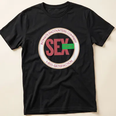 Humorous t-shirt featuring a circular badge design with sex tips