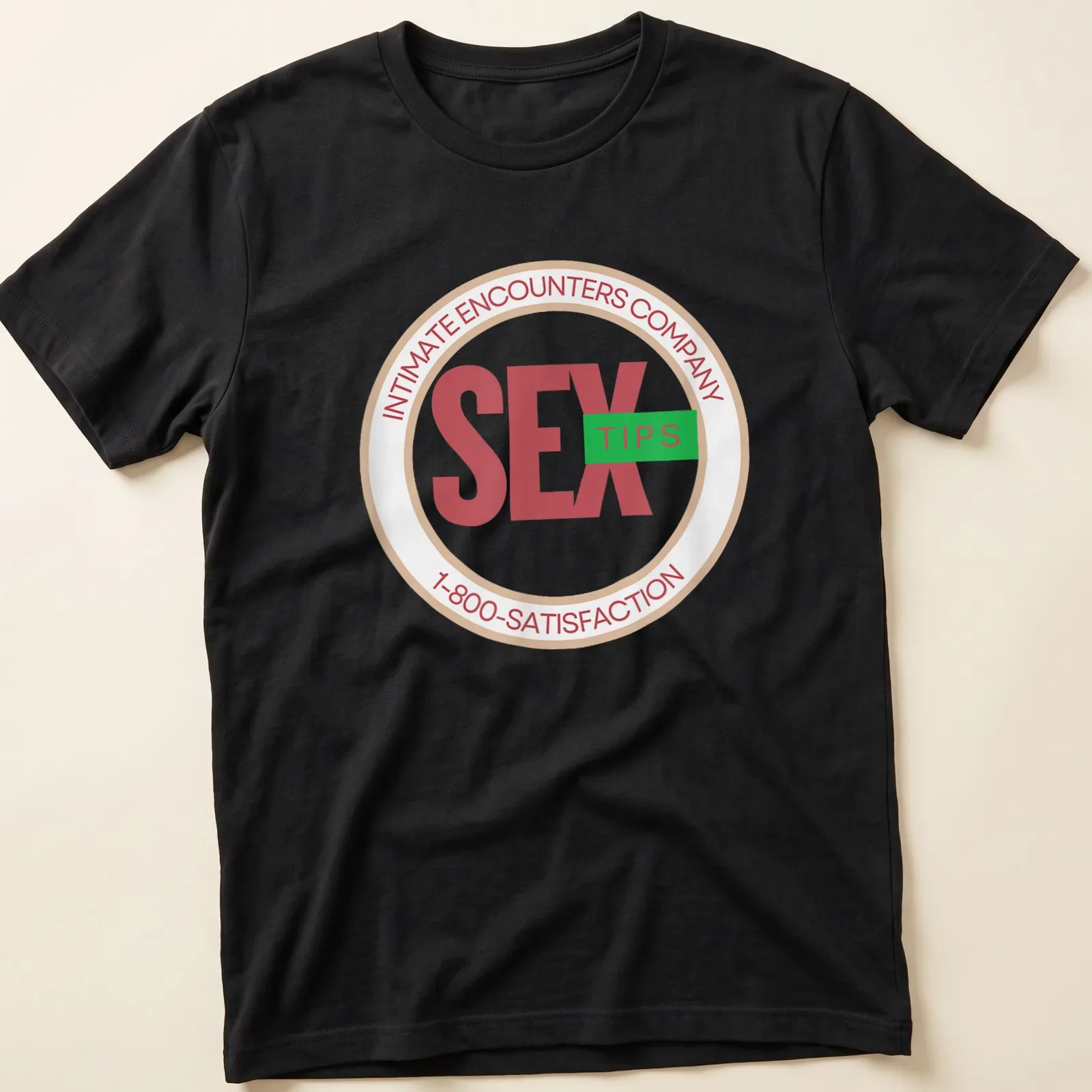 Humorous t-shirt featuring a circular badge design with sex tips — printed on a unisex t-shirt