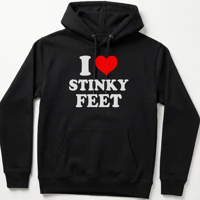 Bold playful t-shirt with red and white text saying I love STINKY FEET — printed on a unisex hoodie