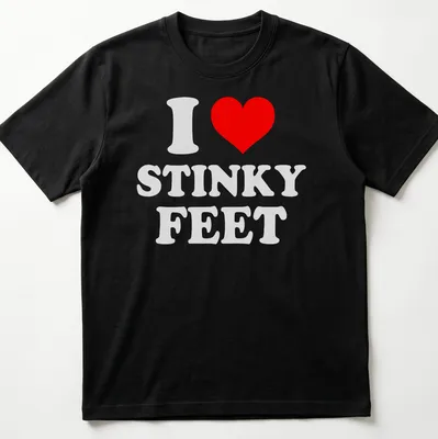 Bold playful t-shirt with red and white text saying I love STINKY FEET