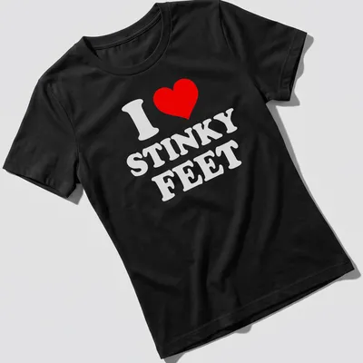 Bold playful t-shirt with red and white text saying I love STINKY FEET — printed on a women's shirt