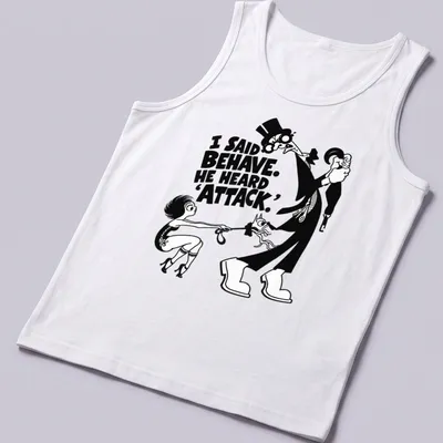 Vintage cartoon dog with humorous text about behavior on a black and white — printed on a tank top