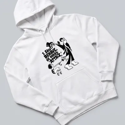 Vintage cartoon dog with humorous text about behavior on a black and white — printed on a unisex hoodie