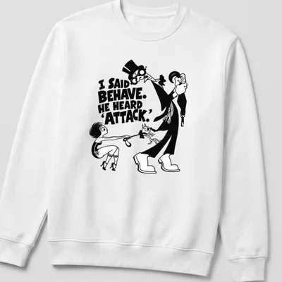 Vintage cartoon dog with humorous text about behavior on a black and white — printed on a unisex sweatshirt