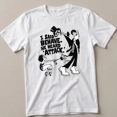 Vintage cartoon dog with humorous text about behavior on a black and white t-shirt
