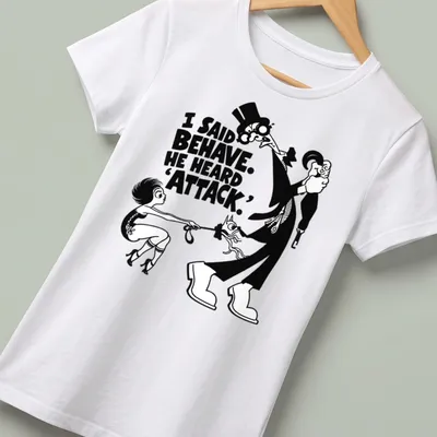 Vintage cartoon dog with humorous text about behavior on a black and white — printed on a women's shirt