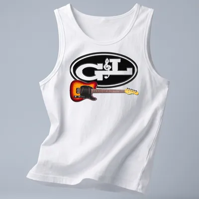 Modern graphic G&L ASAT guitar illustration in black, orange, yellow, and brown — printed on a tank top