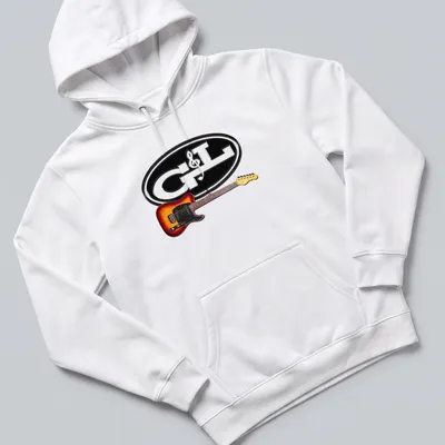 Modern graphic G&L ASAT guitar illustration in black, orange, yellow, and brown — printed on a unisex hoodie