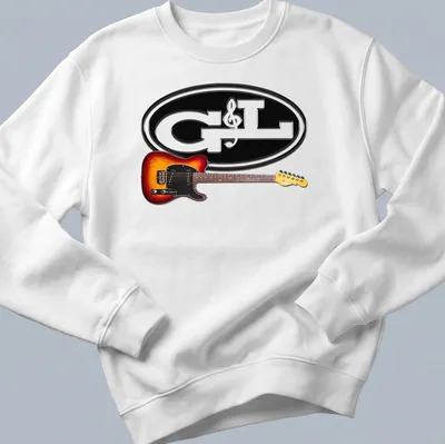 Modern graphic G&L ASAT guitar illustration in black, orange, yellow, and brown — printed on a unisex sweatshirt